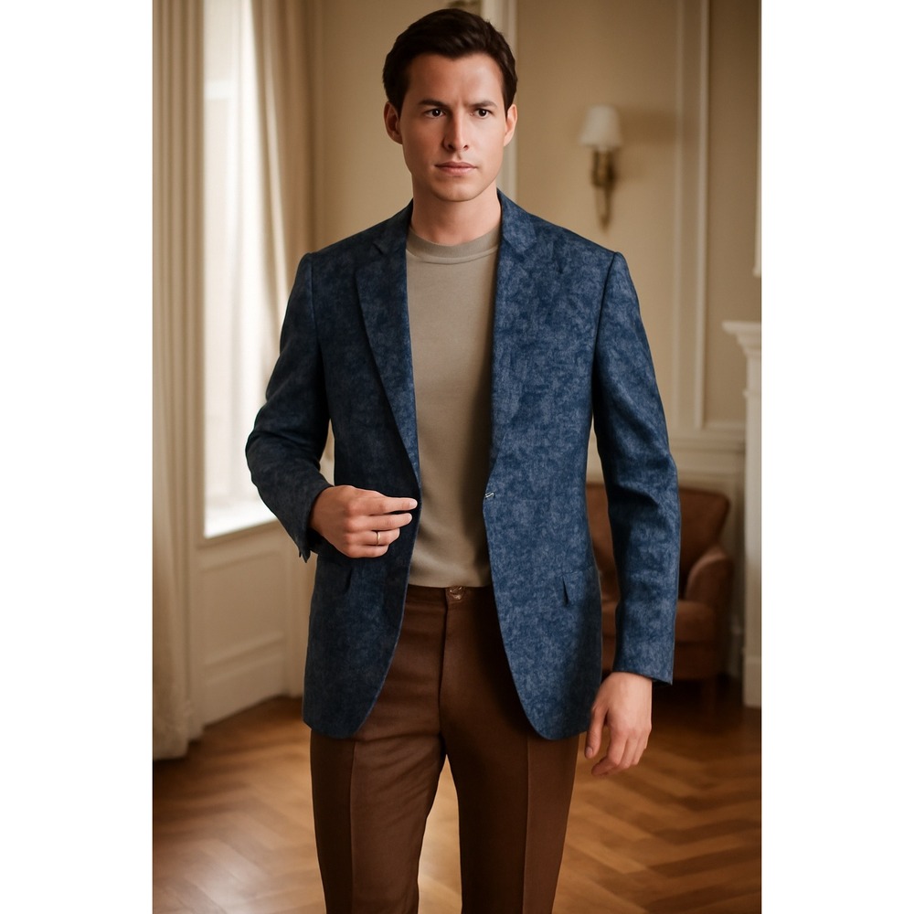 Tallia Blazer Jacket Mens 46L Blue Paisley Floral Linen Rayon Preppy Sport Coat